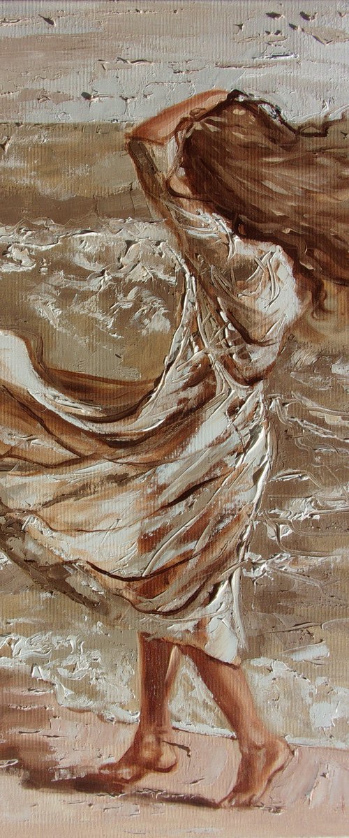 " LAST DAY OF SUMMER ... "  SUN SKY SEA SAND liGHt  ORIGINAL OIL PAINTING, GIFT, PALETTE KNIFE by Monika Luniak
