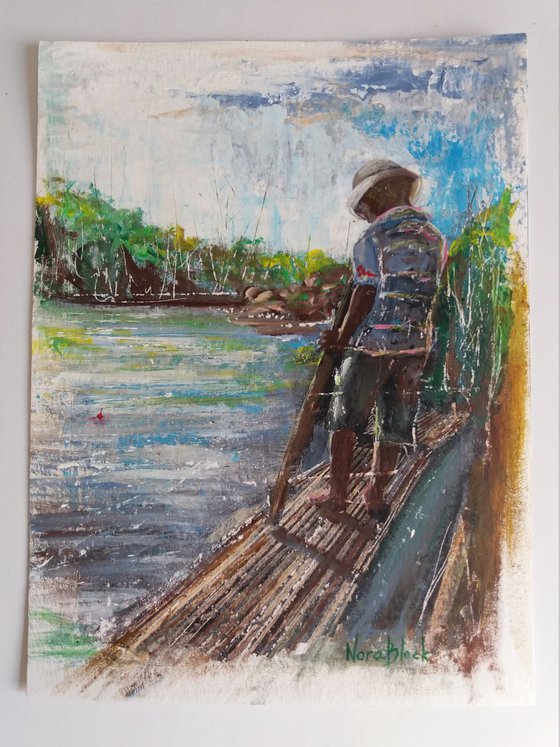 "Little Fisherman", original Mixed Media painting on Paper, 24x32cm