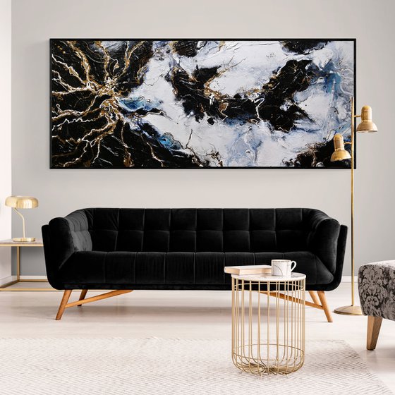 Golden Rapture 240cm x 100cm White Gold Black Textured Abstract Art