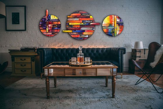 "Can We Tag Along?" - Save As A Series - Original PMS Sculptural Oil Painting Assemblage Triptych On Circular Wooden Panels - 68 x 25 inches