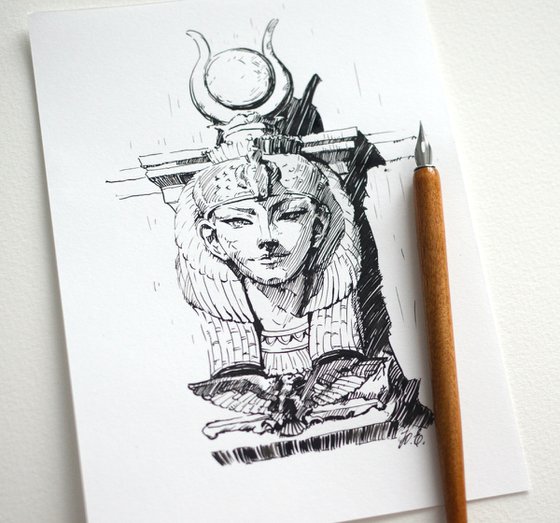 Hathor Goddess Of Ancient Egypt Ink Drawing By Yulia Evsyukova Artfinder