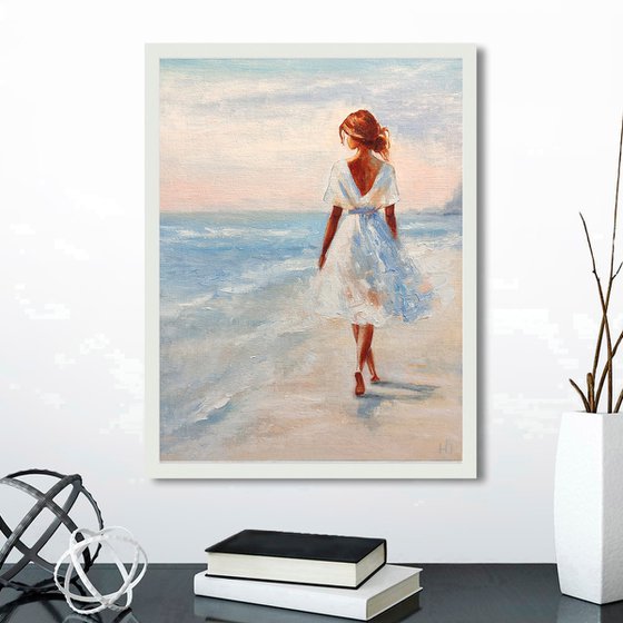 Beach walk, Girl by the sea oil painting