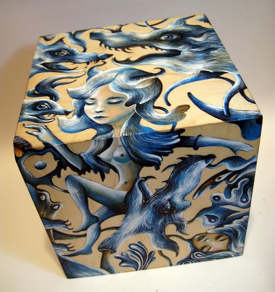 DANCING WITH THE WOLVES / Hand-painted wooden cube