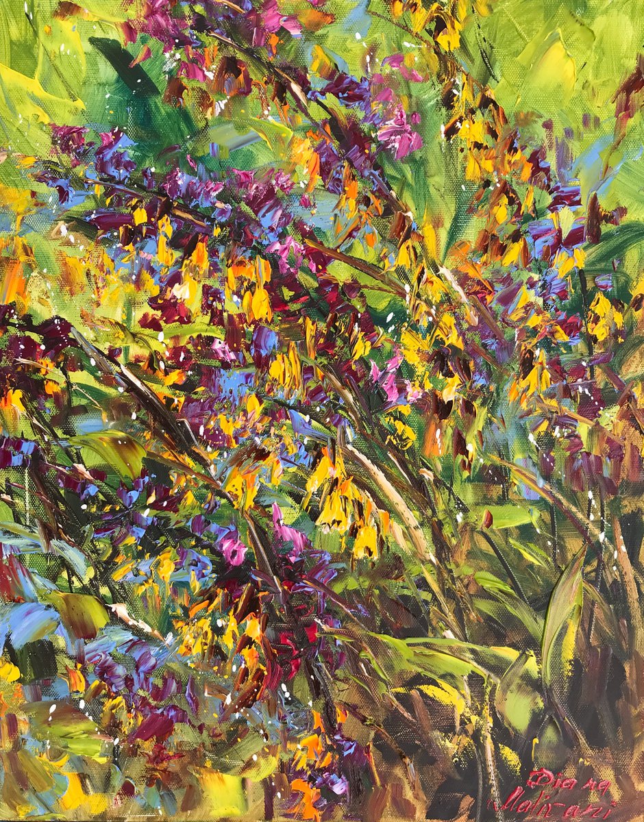 Impressionistic Botanical Oil Painting By Diana Malivani, 16 X 20, Blue Cow Wheats, Original Artwork