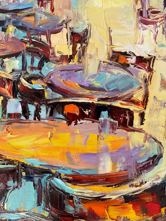 Outside cafe after rain. Pastel mood