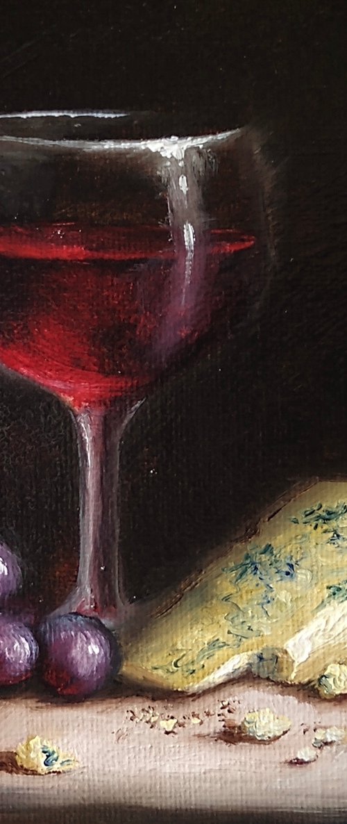 wine with cheese and grapes still life by Jane Palmer Art