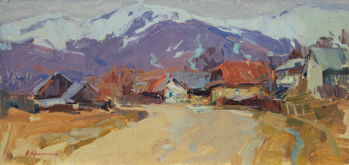 Impressionistic Landscape Oil Painting By Aleksandr Kryushyn, 21 X 10, March In The Richka Village, Original Artwork