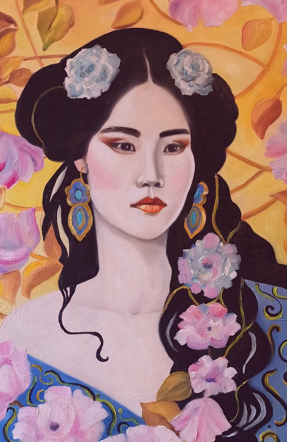 Geisha with pink flowers