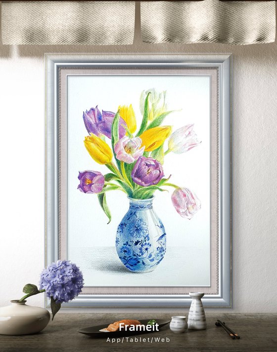 Realism yellow violet tulips in delft vase.