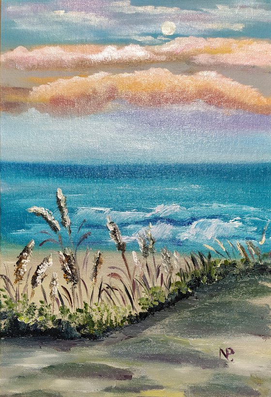 Spikelets, original landscape oil painting, sunset, bedroom art