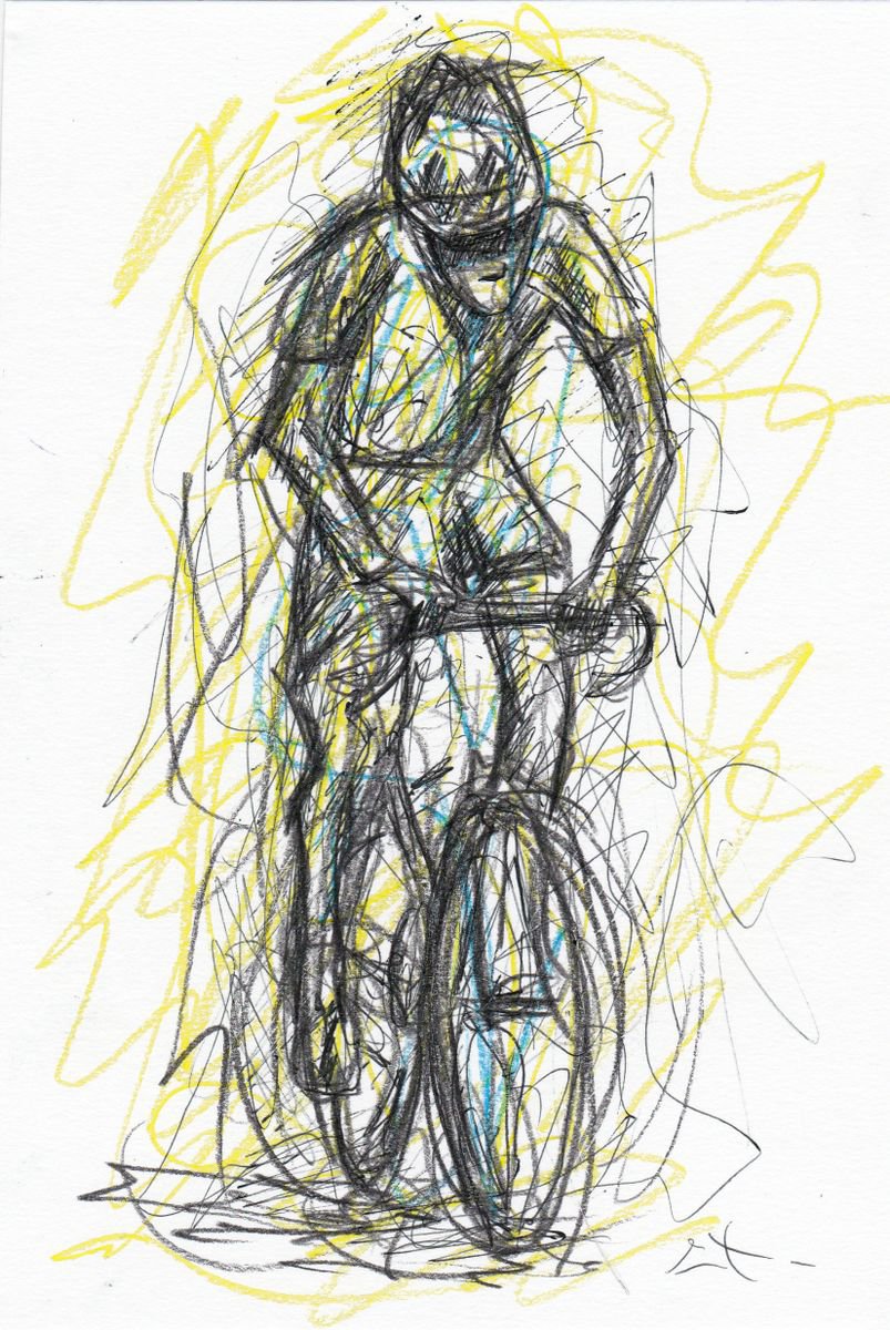 Esquisse crayon bleu jaune et encre, Cycliste by Lionel Le Jeune