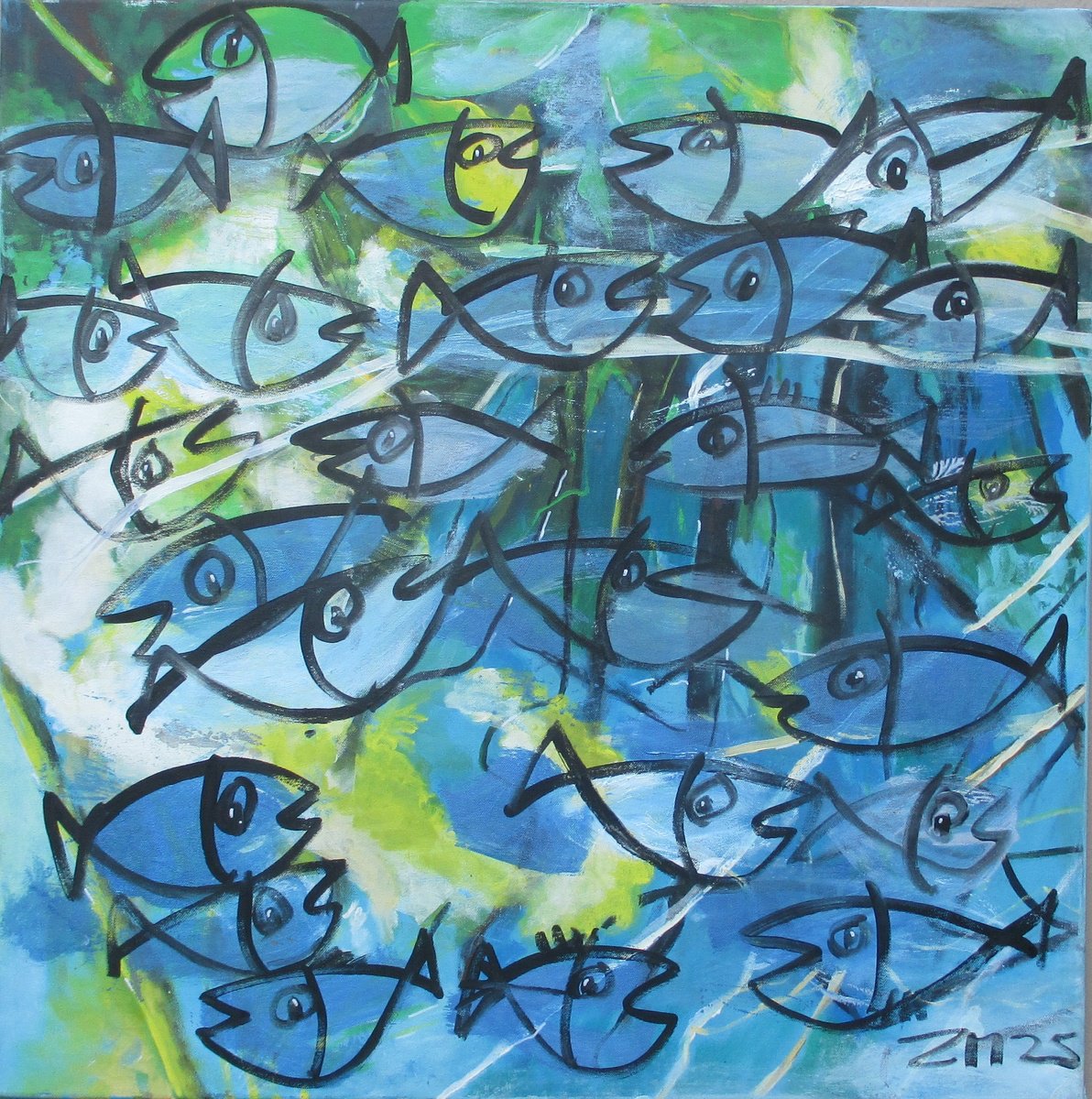 Expressive Animal Acrylic Painting By Sonja Zeltner-Muller, 31 X 31", Blue Fishes Jumping, Original Artwork