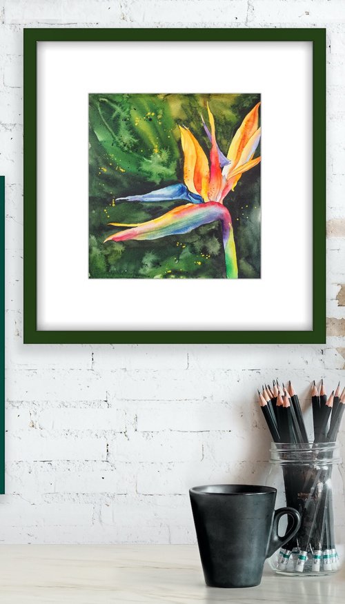 Diptych "Kiss of two strelitzia" tropical flowers bright colors watercolor painting - Gifts for him - Gift for her by Delnara El