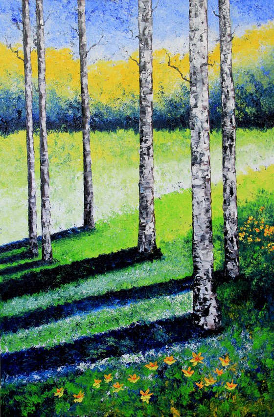 Yellow-and-Orange-Daffodils-Growing-in-a-Woodland. Birch trees .Huge size! EXCLUSIVE !!!! A unique offer! Original oil on canvas + book