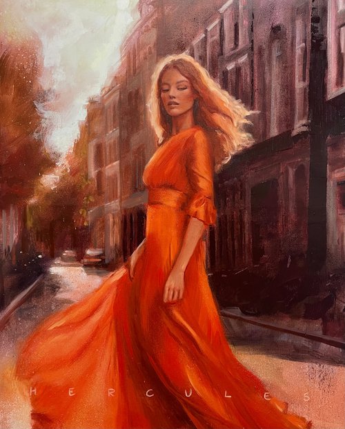 Girl on Kingsday, large oil painting of beautiful blonde girl in an orange maxi dress by Renske Karlien Hercules