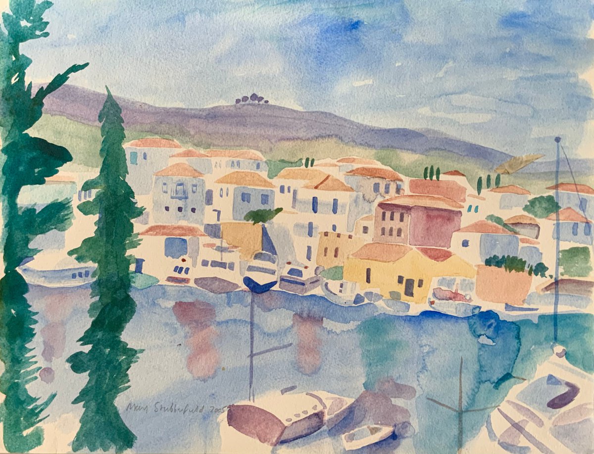 The old harbour, Spetses- landscape painting by Mary Stubberfield