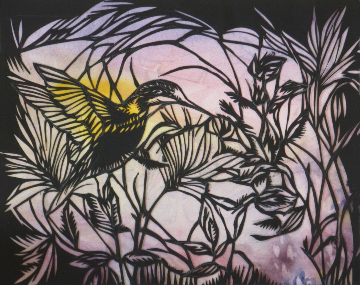 Animal Drawing By Alfred Ng, 11 X 9, Humming Bird In The Garden Paper Cut, Original Artwork