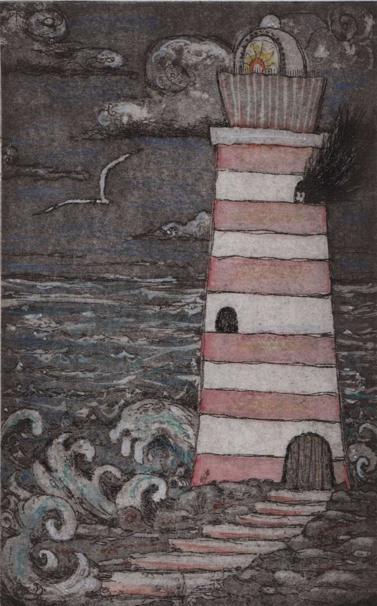 Lighthouse Keeper gorgeous hand colored limited edition etching hand colored with poem by Liza Paizis