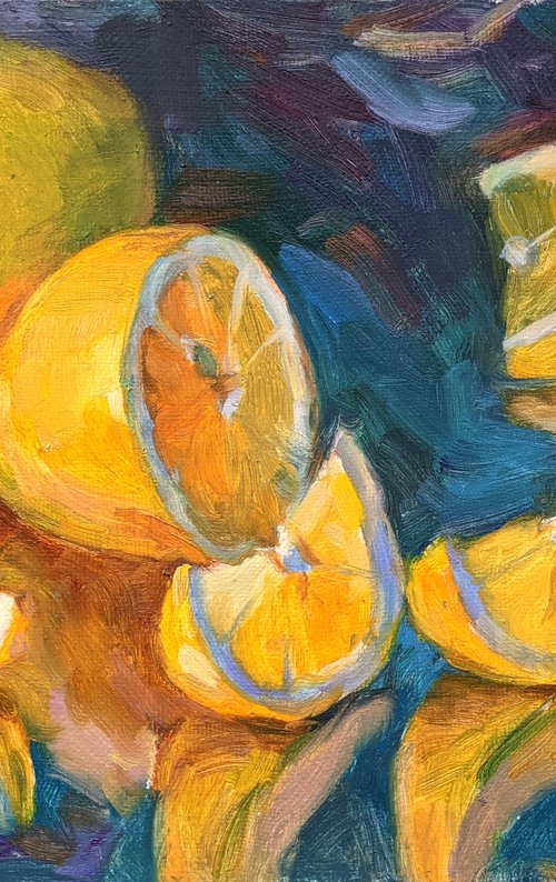 Lemons (from the series "Citrus fruits on a mirrored tray") by Liudmyla Chemodanova