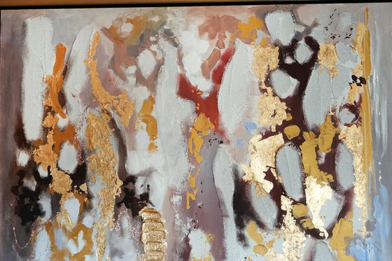 Large abstract framed painting on canvas, gold leaf artwork with texture.