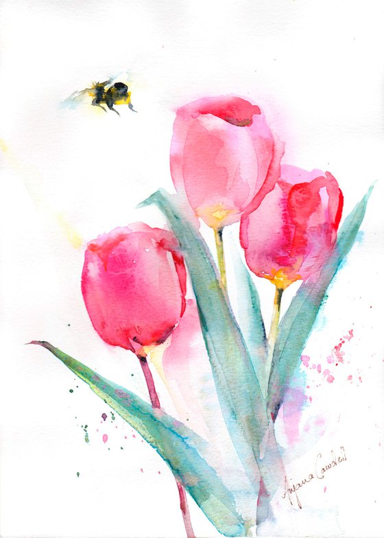 Bee painting, Tulip painting, floral art, watercolour, watercolour, Spring