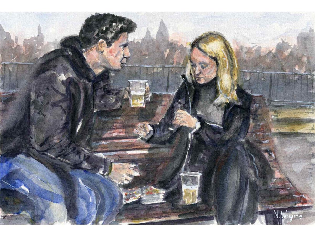 Original Watercolour Painting - Pint in the Park - Couple Drinking wall Art by Neil Wrynne