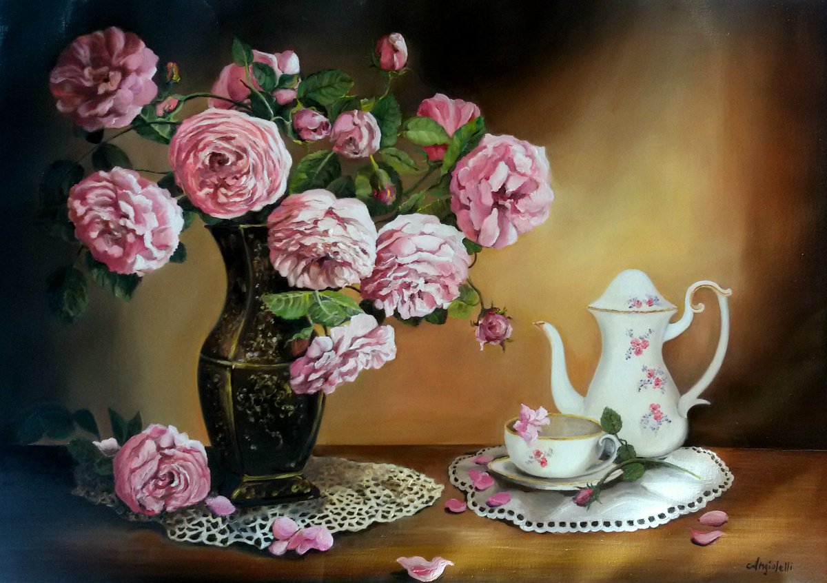 Photorealistic Still Life Oil Painting By Anna Rita Angiolelli, 28 X 20, Still Life With Peonies, Original Artwork