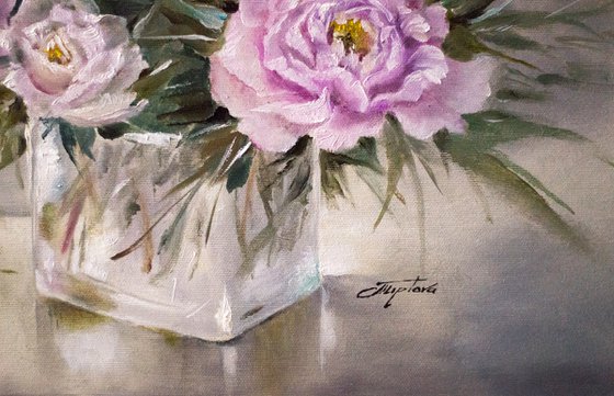 "Delicate Peonies" Original, oil painting on canvas, for landscape wall hanging.