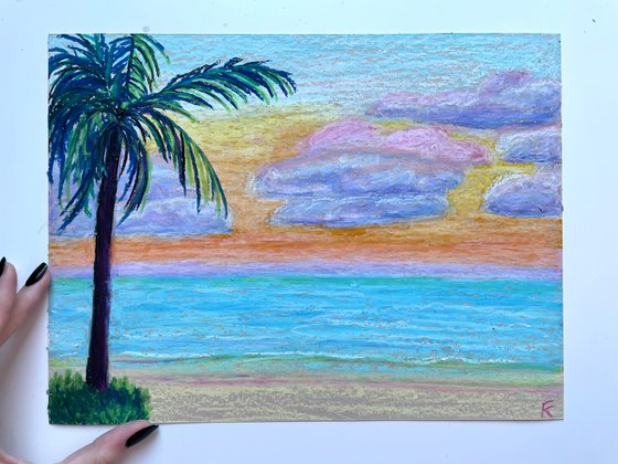 Ocean Original Painting, Sunset Beach Oil Pastel Drawing, Seascape Art, Pastel Home Decor