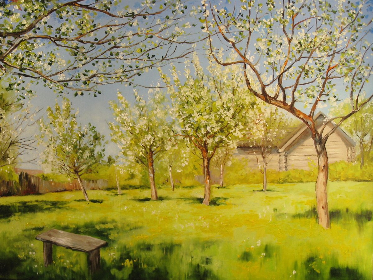 Impressionistic Landscape Oil Painting By Natalia Shaykina, 16 X 12", Spring Garden In Morning Sun, Original Artwork