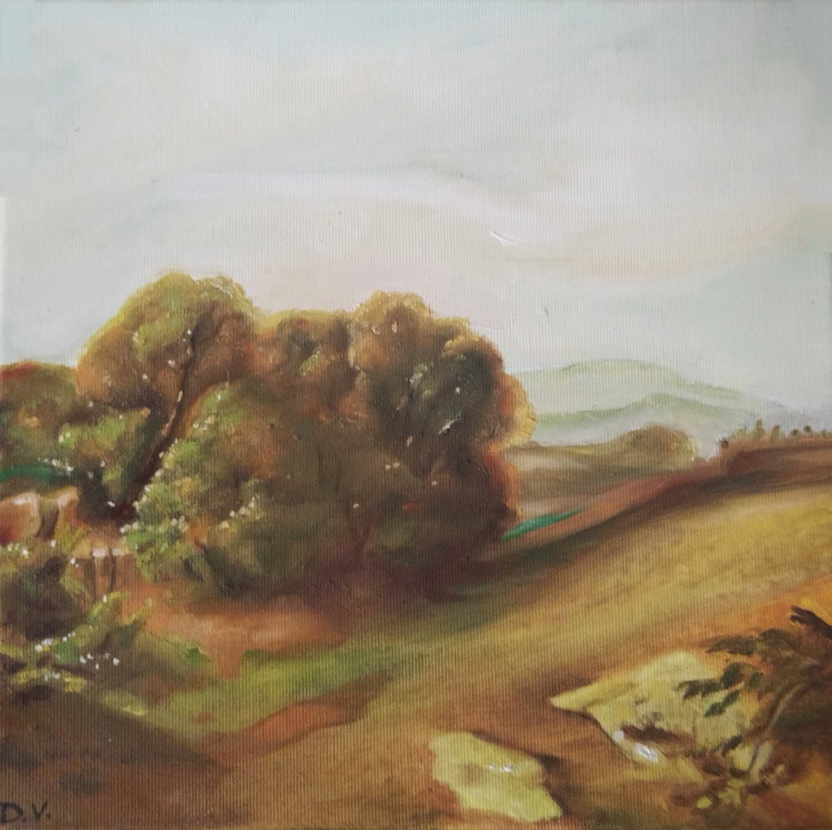 Landscape Oil Painting By Viktoria Deri, 12 X 12", Landscape With Trees, Original Artwork