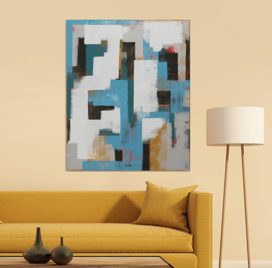 Vertical Abstract Painting: Untitled in Blue & Grey - 90x110 cm - Ronald Hunter - 2O