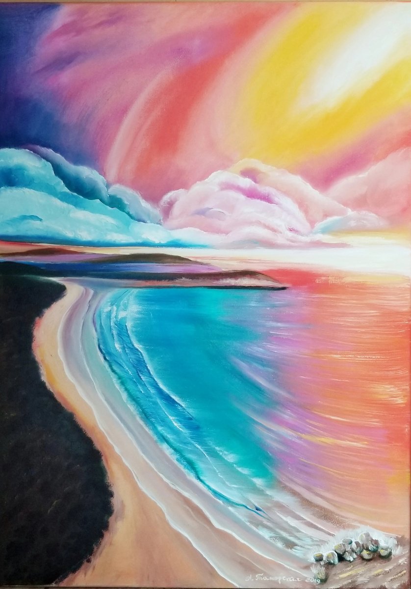 Expressive Landscape Oil Painting By Alexandra Tomorskaya/Caramel Art Gallery, 20 X 28, Beach Sunset, Original Artwork
