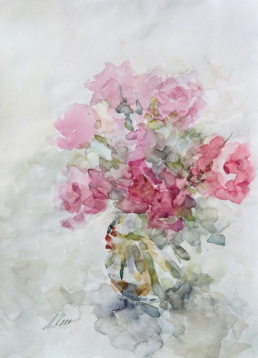 Impressionistic Botanical Watercolour By Elena Klyan, 12 X 16, Roses 30X40 Cm 2025, Original Artwork