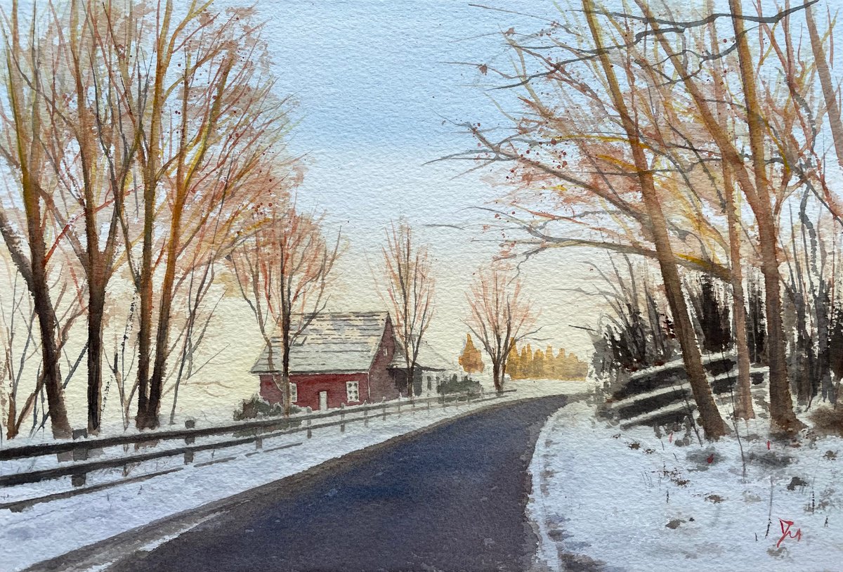 Impressionistic Landscape Watercolour By Shelly Du, 12 X 8", Morning Walk In The Snow, Original Artwork