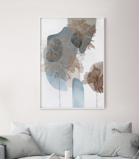 "Thinness 5" Blue gold flowers abstract art