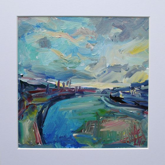 River And Sky. Mounted Oil Painting.