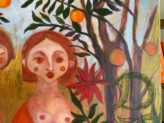 Sirens Art Modern Woman Nude, Bird Woman, canvas, oil - Garden guards 90x75 cm