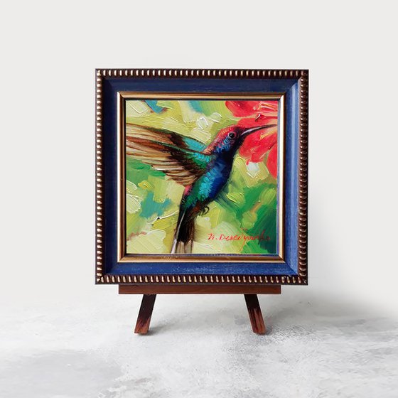 Small artwork Hummingbird art framed oil painting original 4x4, Blue yellow art bird lover gift Housewarming