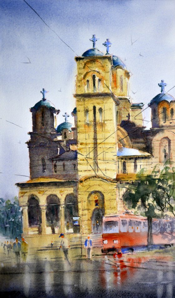 St.Marks Church and red tram 21x35 cm 2023