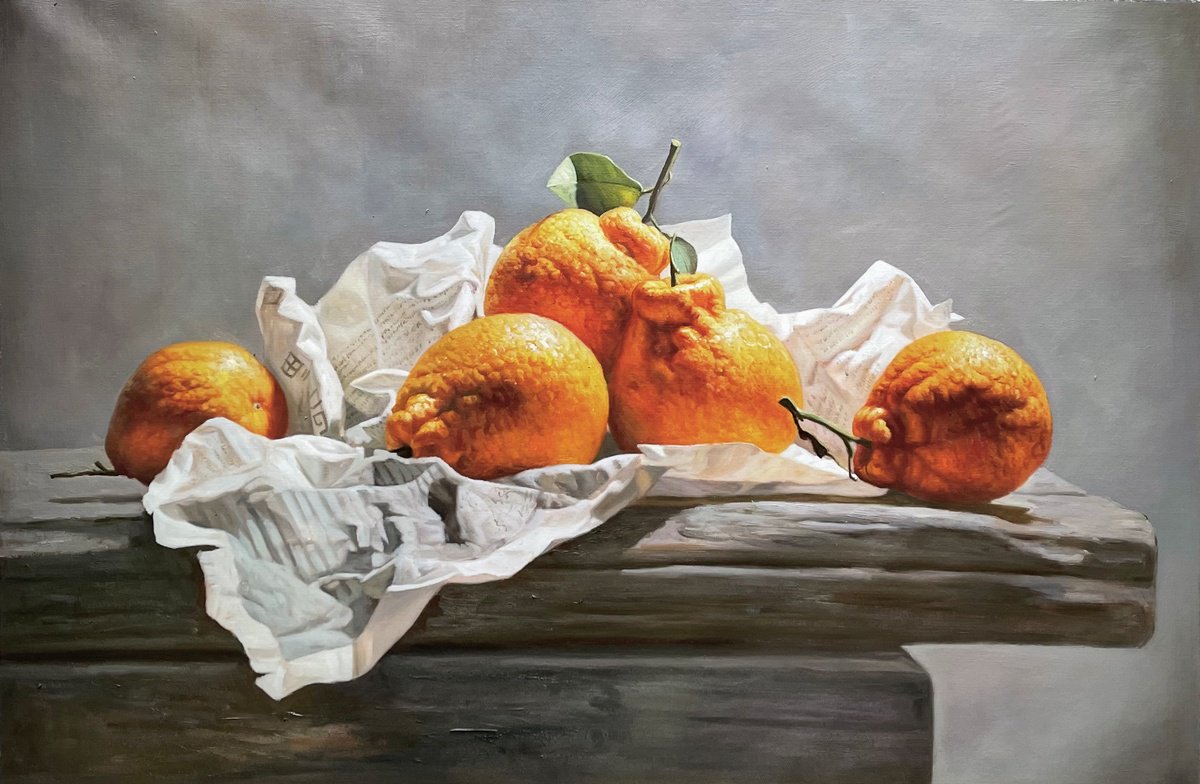 Photorealistic Still Life Oil Painting By Kunlong Wang, 35 X 24", Oranges And Newspaper T224, Original Artwork