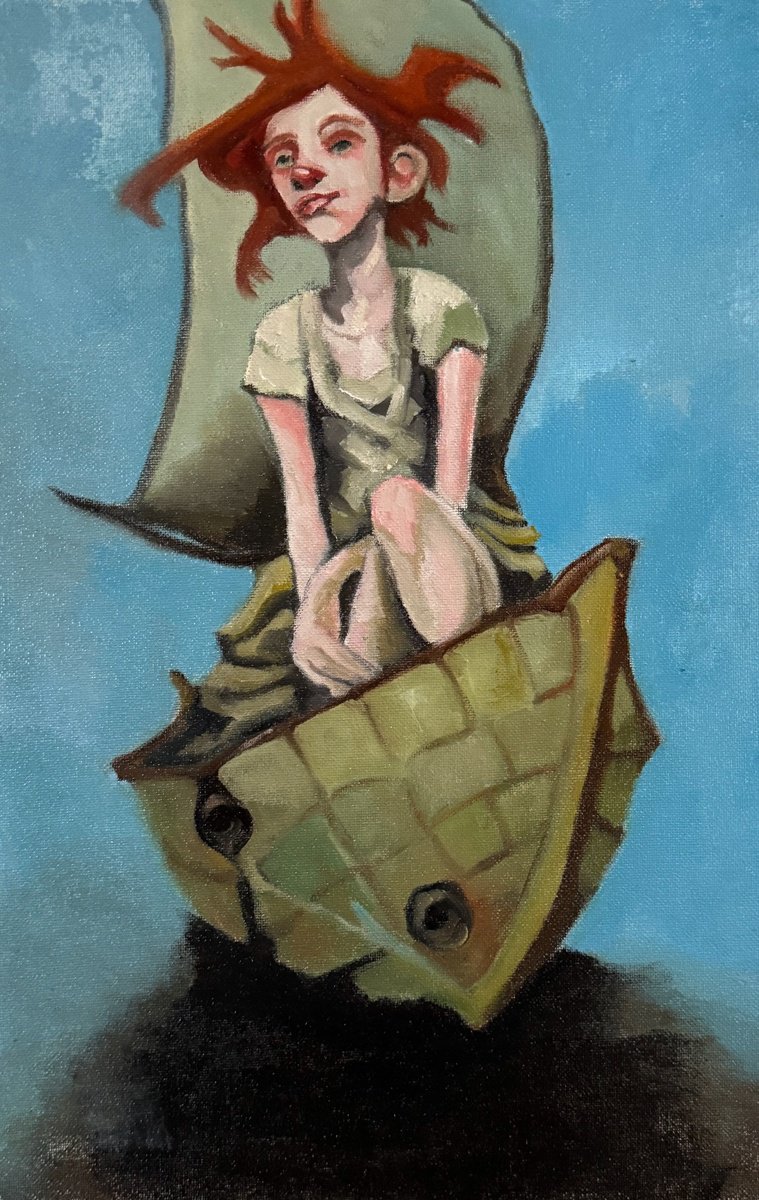 Illustrative Portrait Oil Painting By Lola Jovan, 11 X 17", Adrift, Original Artwork