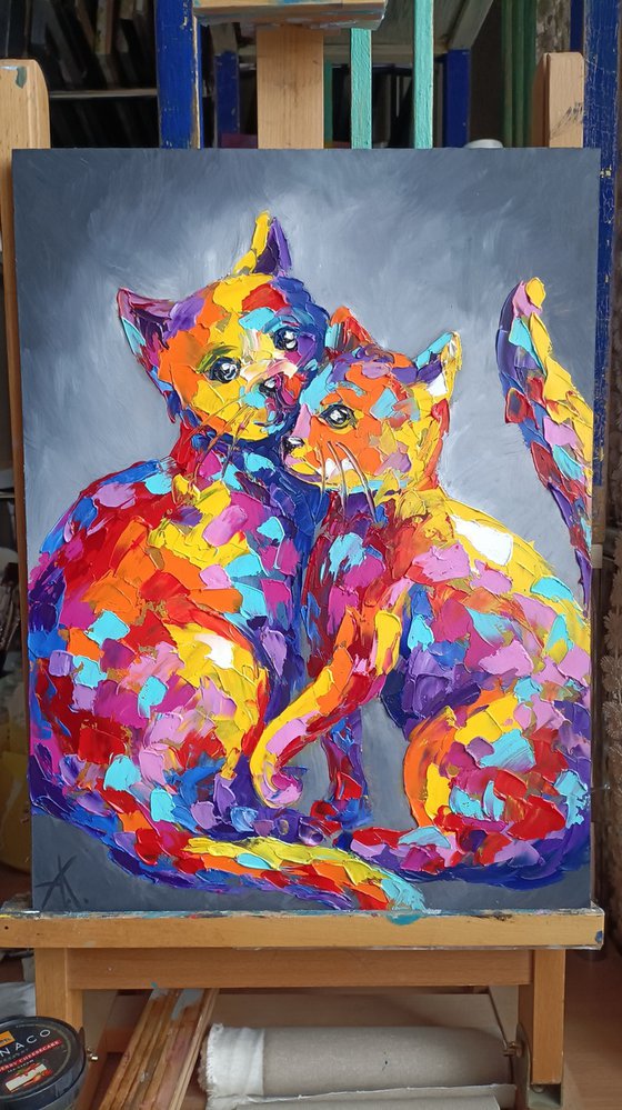 Cats - cats in love, cats animals, love, cat, oil painting, cat oil painting, animals, pets, lovers, gift for lovers