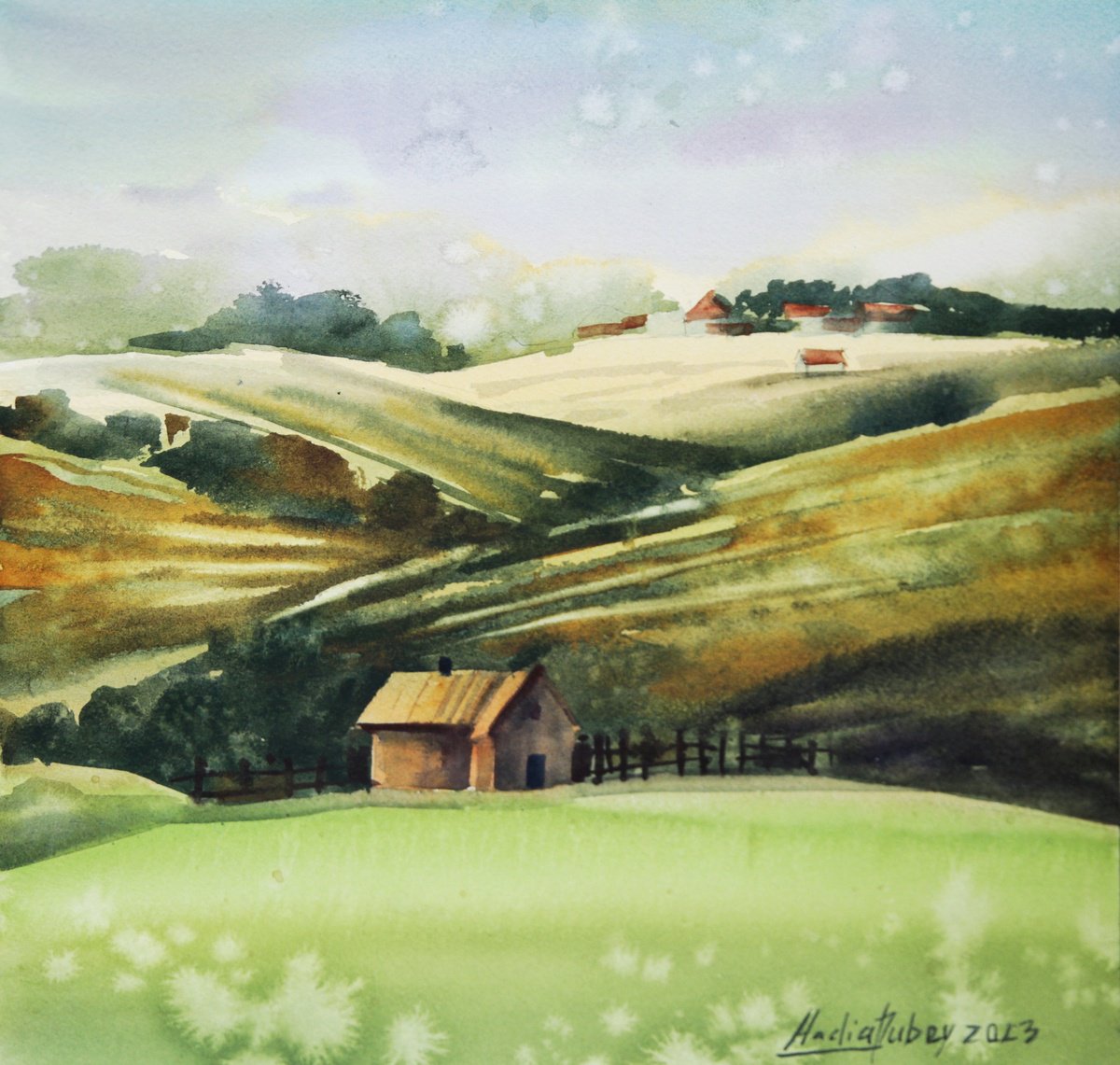 Impressionistic Landscape Watercolour By Nadiia Dubei, 12 X 12", Ukrainian Fields- Original, Original Artwork