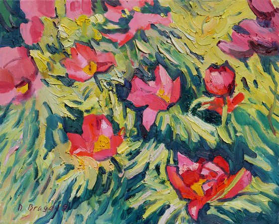 Red peonies (plein air) original painting