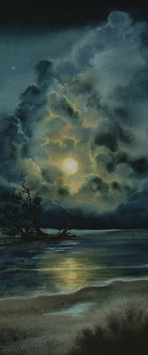 Mystical Night -  Super Moon i by Olga Beliaeva Watercolour