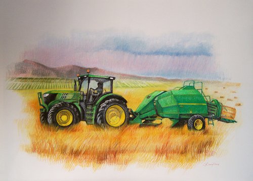 Green tractor on the yellow wheat field. by Olga David
