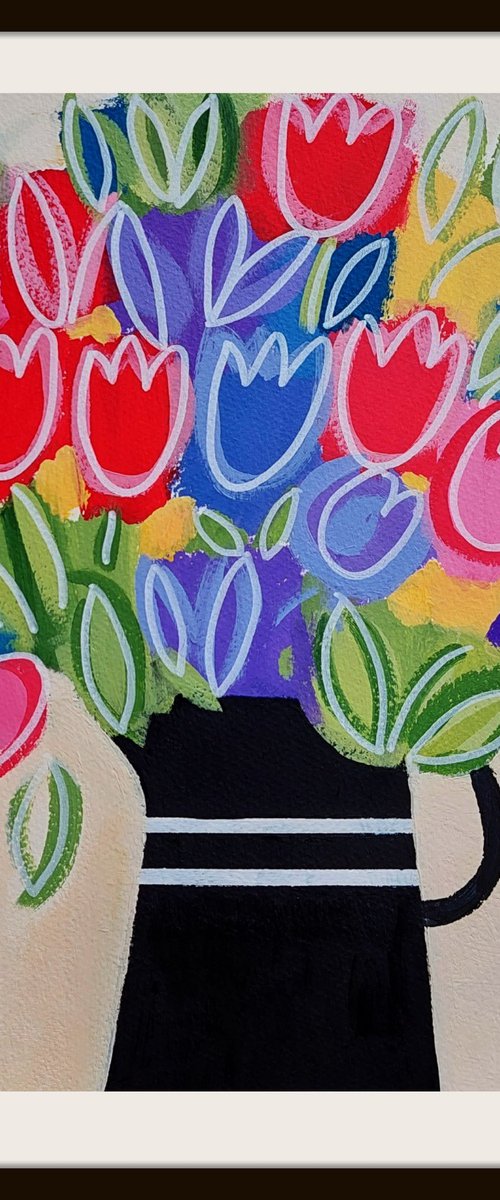 Mixed Tulips in a Black Jug III by Jan Rippingham