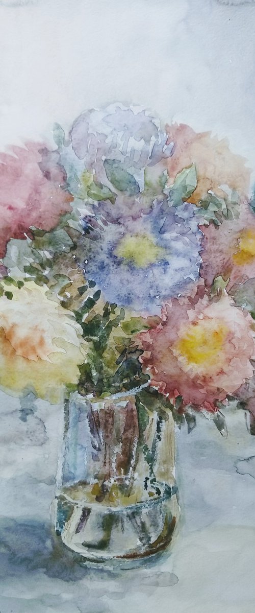 Asters. Original watercolour painting. by Elena Klyan