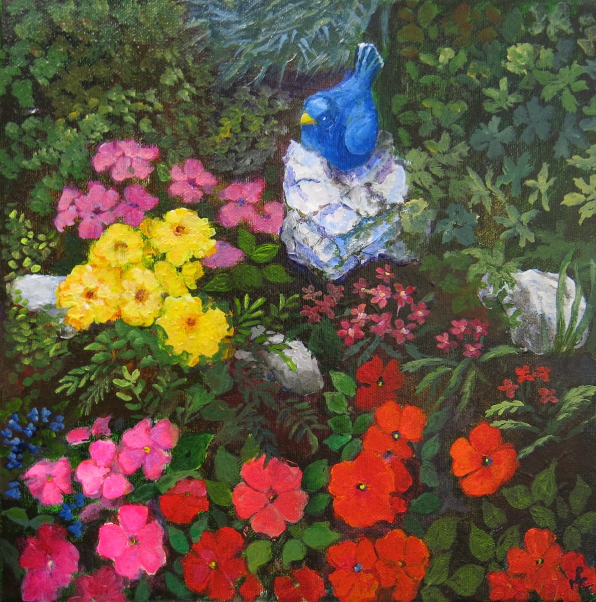 Impressionistic Botanical Acrylic Painting By Maureen Greenwood, 16 X 16", Scene From My Rockery, Original Artwork